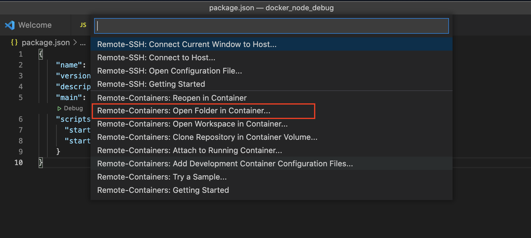 Remote-Containers: Open Folder in Container...