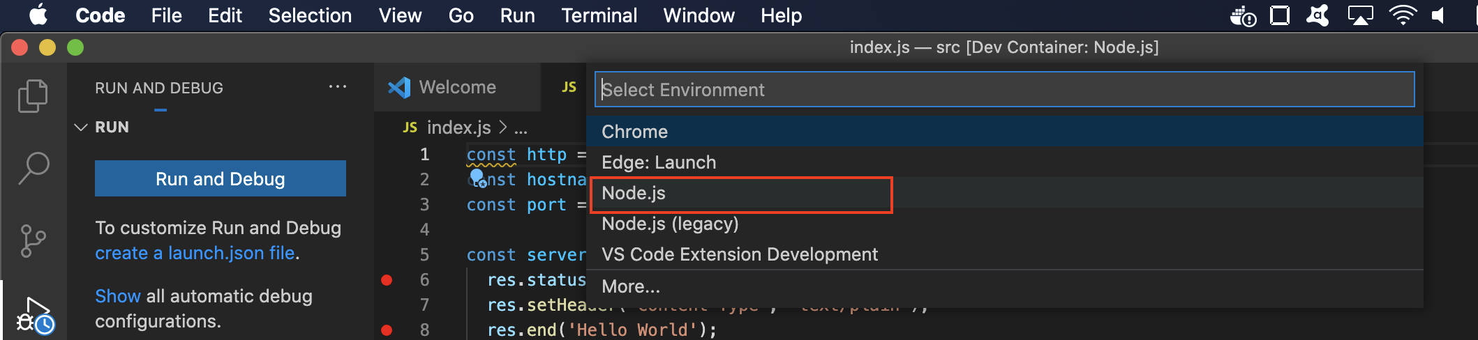 VSCode debug node.js select