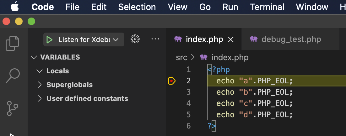 VsCode index.php breakpoint step
