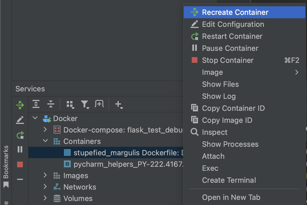 PyCharm Services Docker recreate container