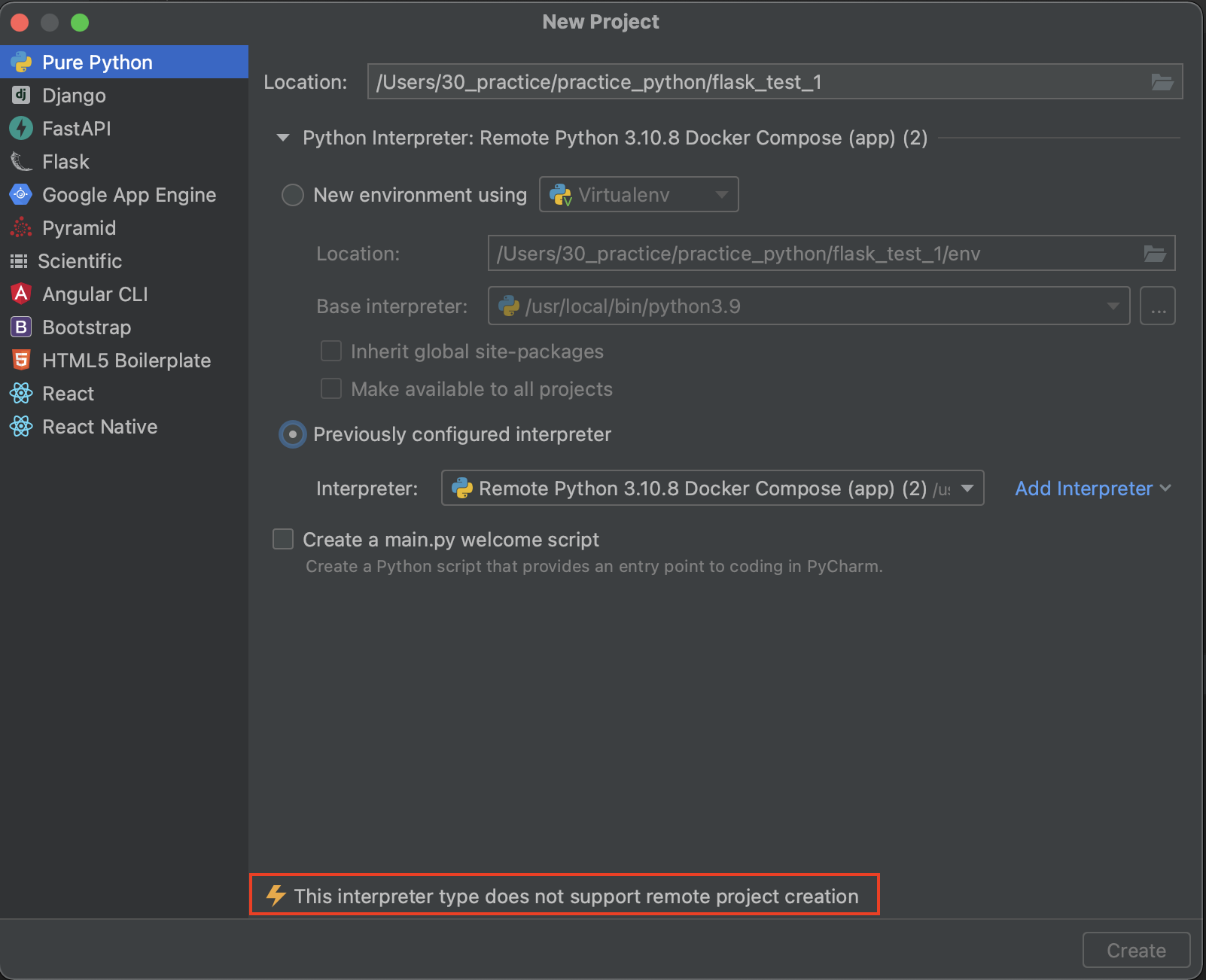 PyCharm This interpreter type does not support remote project creation